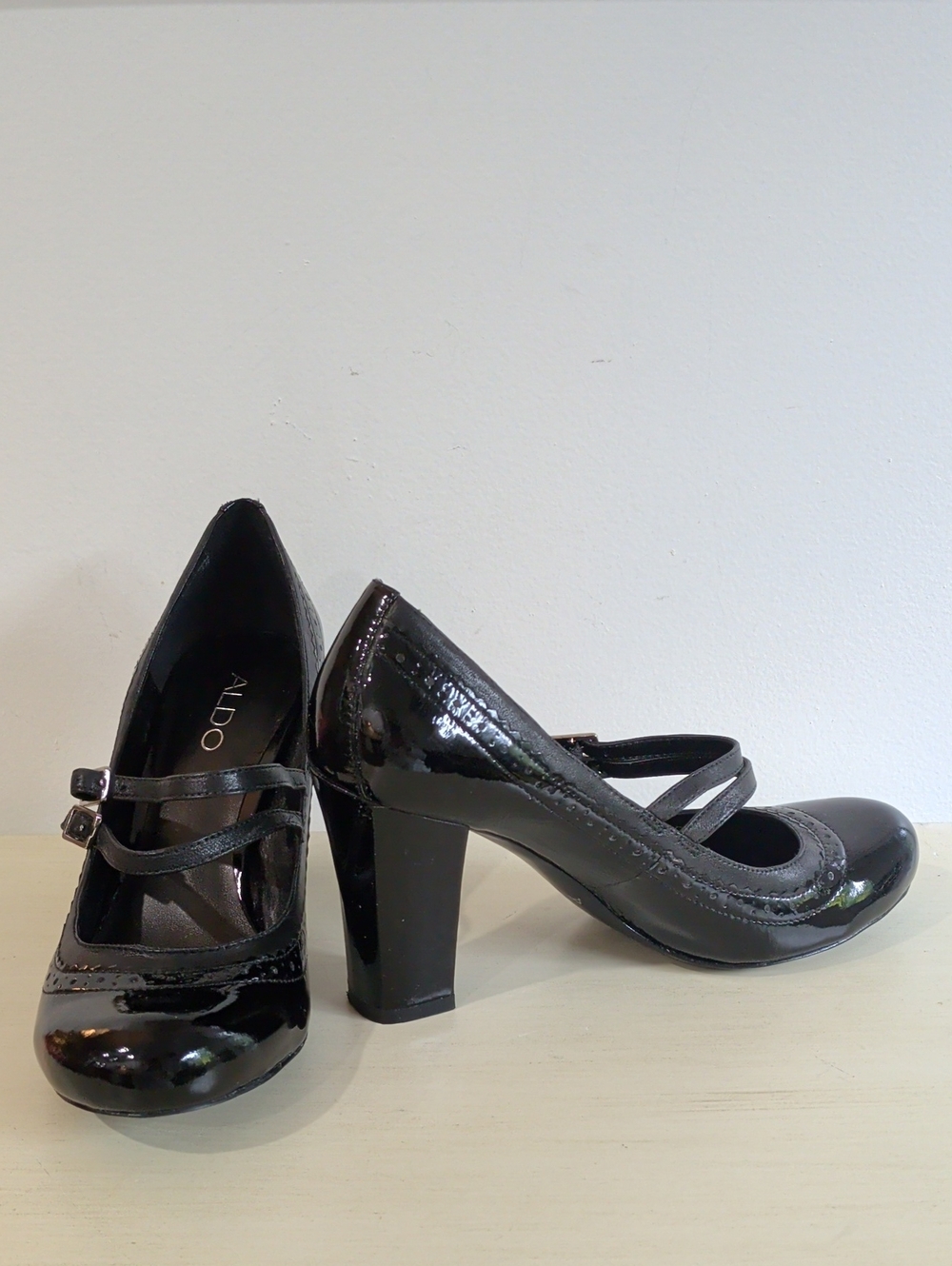 Aldo Black Patent Double-Strap Block Heel Pumps Size 38